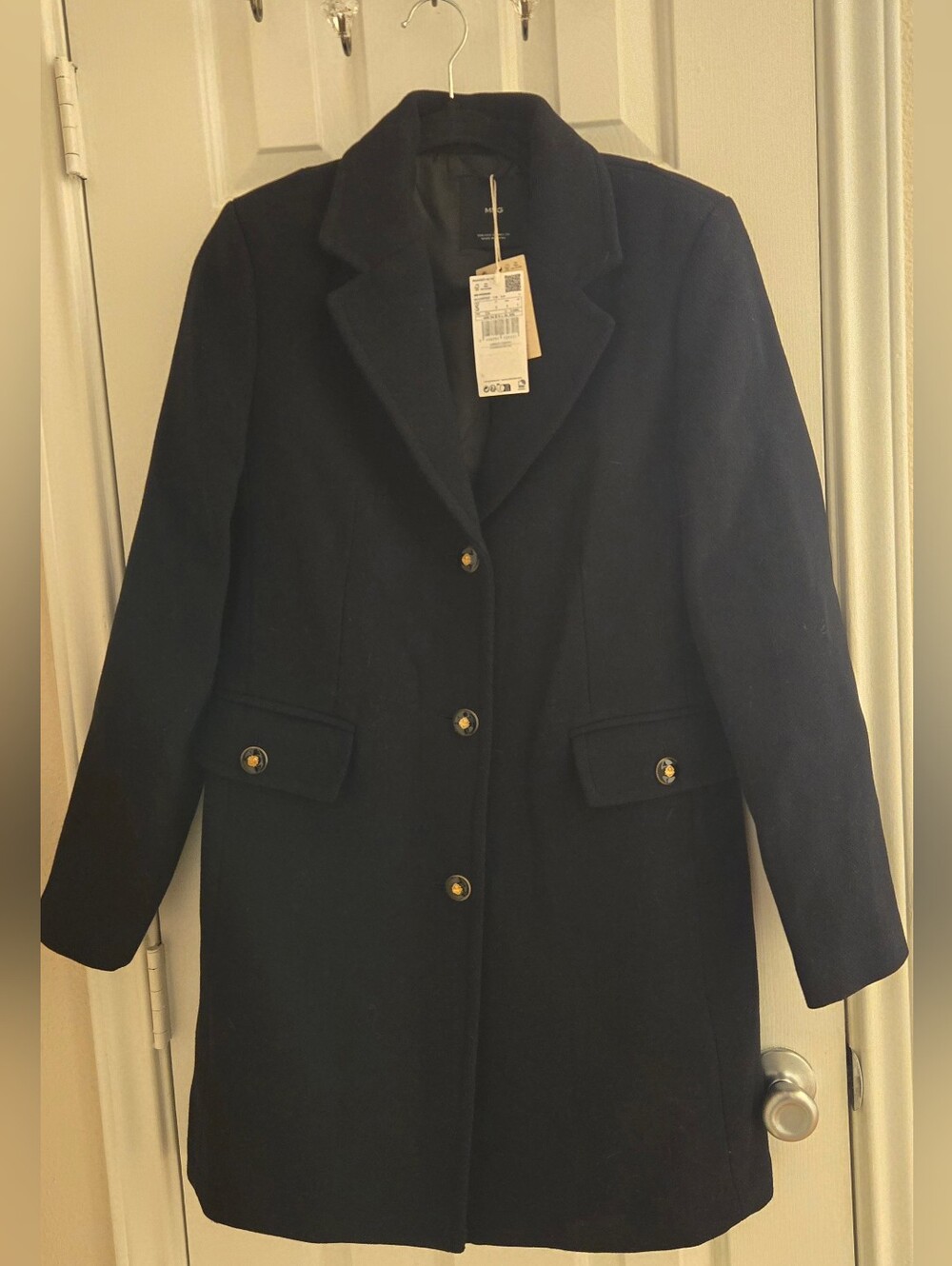 Mango Navy Blue Single-Breasted Wool-Blend Coat Tailored Women's Sz S NWT